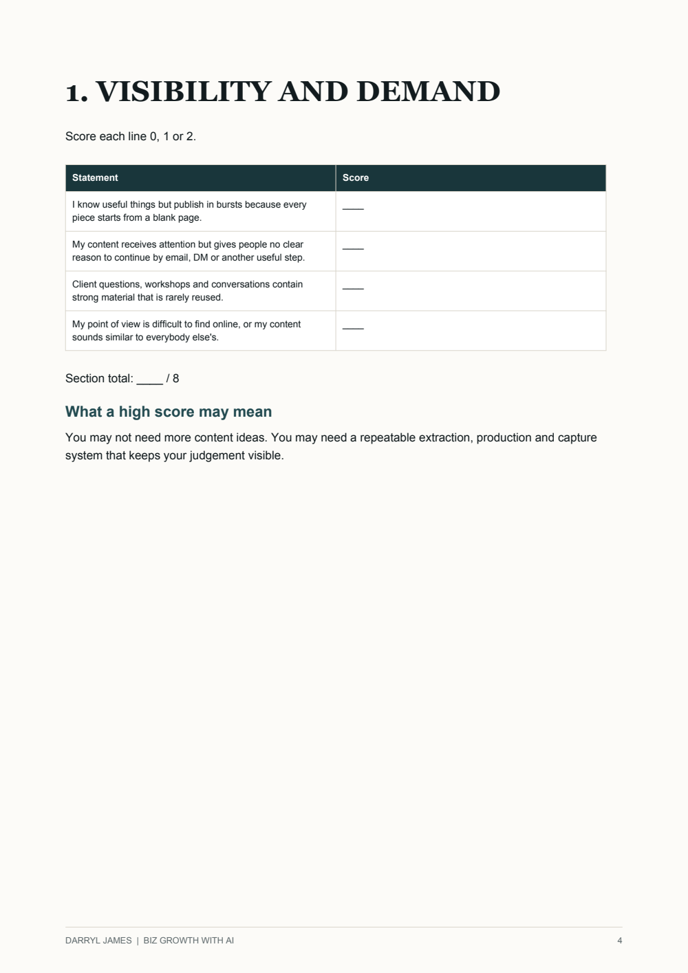 A real page from the guide showing the visibility opportunity scorecard