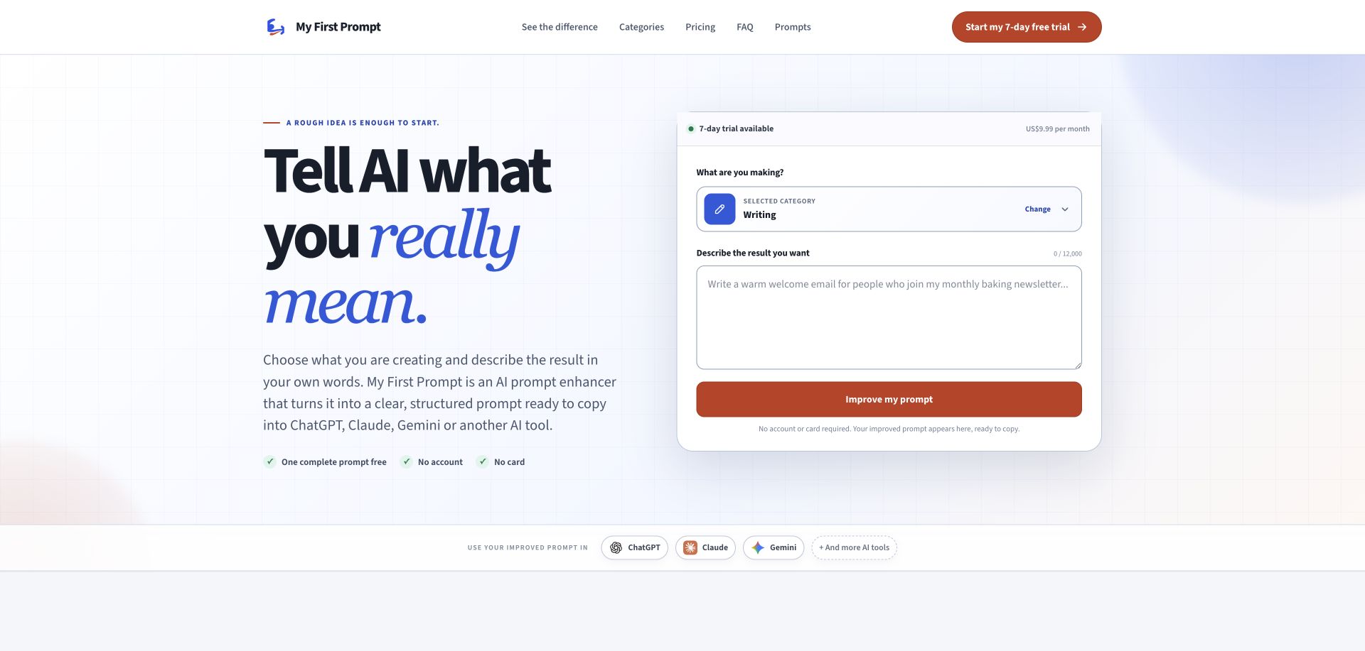 My First Prompt homepage showing the prompt improver and its starting form